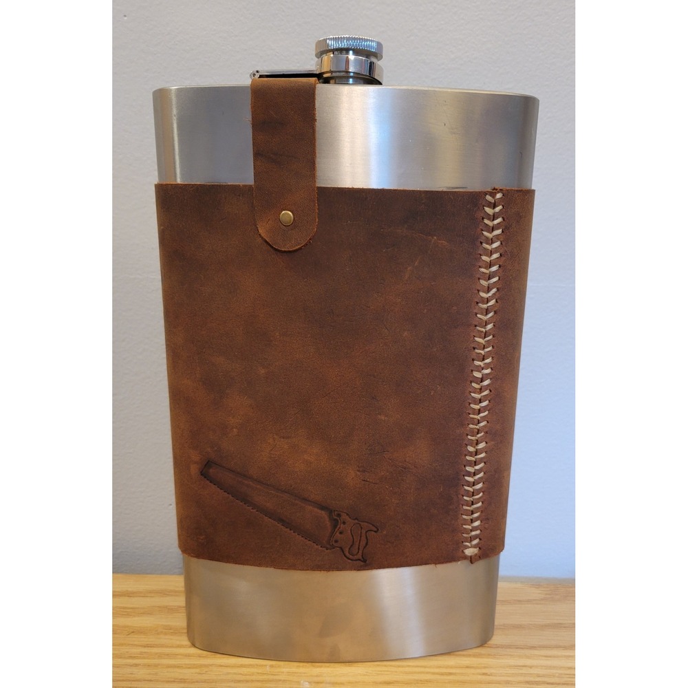 Giant 64oz Stainless Steel Flask with Removable Leather Wrap Saw Embossed Brown